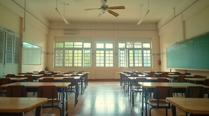Poster - Lecture room or School empty classroom with desks and chair iron wood for studying lessons in high school Thailand interior of secondary education with whiteboard vintage tone educatio : Generative AI