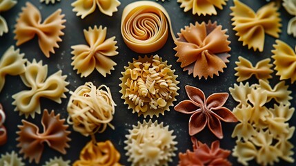 Wall Mural - Pasta many different varieties shot from the top on a black background Italian food flat lay : Generative AI