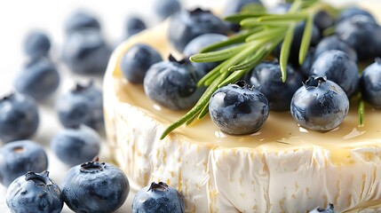 Poster - Tasty baked brie cheese with rosemary and blueberries isolated on white : Generative AI