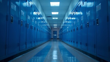 Aufkleber - Empty school hallway with blue metal student lockers : Generative AI