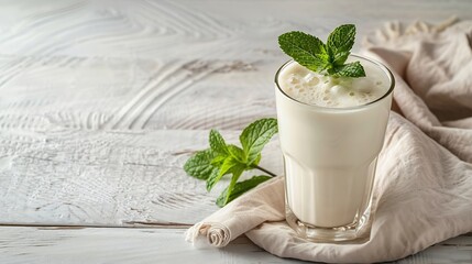 Poster - A glass of Turkish traditional drink ayran kefir or buttermilk made from yogurt garnished with mint leaves is placed on a beige napkin on a white wooden table : Generative AI