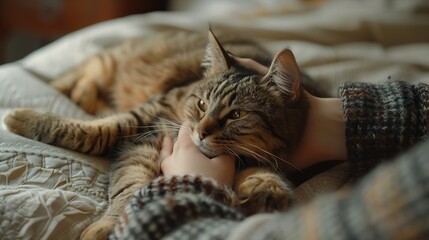 Poster - Woman hand petting a cat on the bed : Generative AI