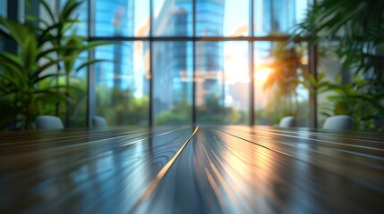 Aufkleber - Table with blur background of corporate office conference room with glass interior for office product place on the table defocus office background The office table made of wood Corpora : Generative AI