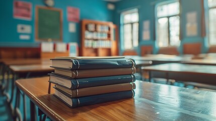 Poster - Stack of notebooks on wooden desk in empty classroom : Generative AI
