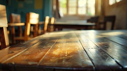 Poster - look out from the table blur image of empty classroom as background : generative ai