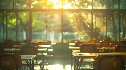 Poster - Chair group on table in classroom on morning education concept furniture empty people student in room seat and desk in school or university on blurred window and sunny light beauty : Generative AI
