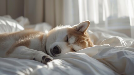 Poster - White dog Shiba Inu peacefully sleeps on a bed in a bright minimalist room with natural light streaming through the curtain home : Generative AI