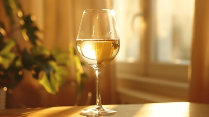 Wall Mural - One wineglass with white wine sparkling at sunlight beige background with dark shadow and reflection sun flare light effect on table Alcohol drink with star filter top view neutral pas : Generative AI