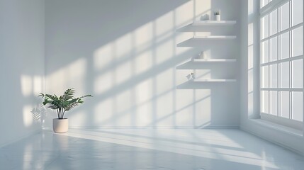 Aufkleber - modern minimalistic cozy white home interior background white wall with shelves and design wall and floor sunlight beams from window and shadows white background with spotlights : Generative AI