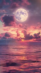 Wall Mural - beautiful vertical panorama background with full moon on sea seamless looping overlay 4k virtual vid