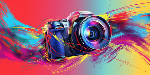 Poster - Digital camera is surrounded by colorful paint splashes