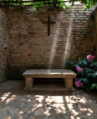 Peaceful garden sanctuary with cross and flowers