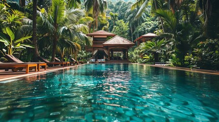 Tranquil Tropical Pool with Lush Greenery.