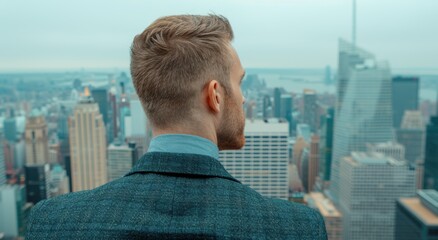 Wall Mural - man overlooking modern city skyline