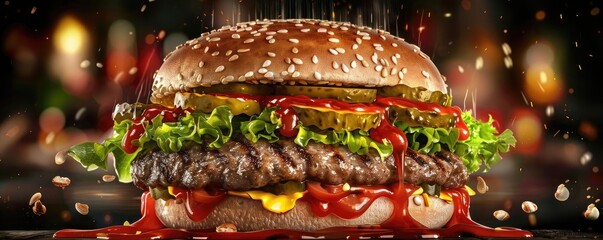 Wall Mural - A juicy cheeseburger with lettuce, pickles, and ketchup on a sesame seed bun, against a blurred background.