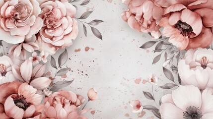 Wall Mural - Elegant floral background with soft pink and white flowers, leaves, and watercolor splashes. Perfect for invitations and greeting cards.