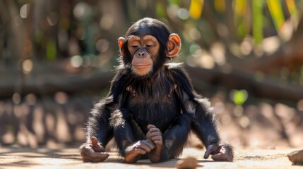 Poster - A young chimpanzee sits in a field of green grass, contemplating the world around it. The sun shines through the leaves, creating a soft, dappled light