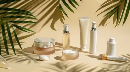 Sticker - Skin care products on beige background with palm leaves professional organic cosmetics for women with natural ingredients