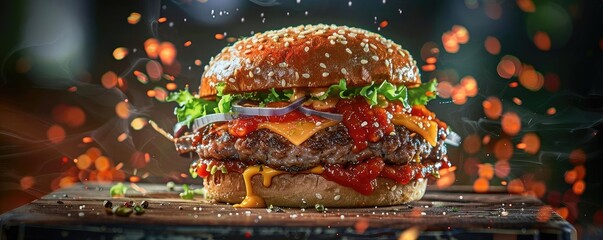 Wall Mural - A delicious, juicy cheeseburger with fresh lettuce, tomatoes, onions, and melted cheese, ready to be enjoyed. Perfect for food lovers.