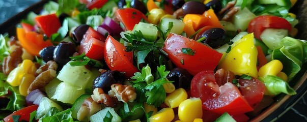 Colorful fresh vegetable salad with tomatoes, cucumbers, corn, black beans, nuts, and parsley, perfect for a healthy meal or summer picnic.