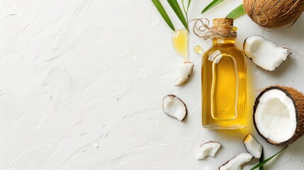 Canvas Print - Bottle of cosmetic oil with coconut on white background space for text