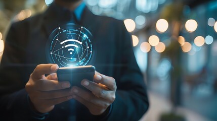 Poster - businessman holding smart phone with connected Wi Fi signal Wireless digital connection. AI generated