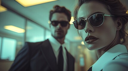 Wall Mural - eccentric and quirky office workers - retro vibe - vintage feel - sunglasses - classic cool - close-up view  - video call