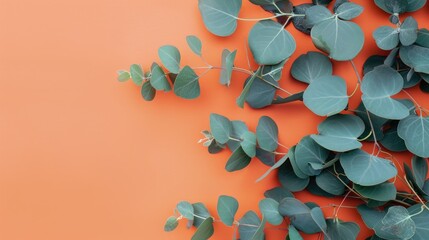 Sticker - Mock up design with eucalyptus leaves on a soft orange backdrop for bloggers and invitations Ample space for text warm color theme