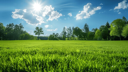 Wall Mural - Wide Angle View of a Beautiful Spring Green Grass Field with Trees and Blue Sky with Clouds on a Sunny Day