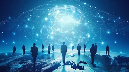 Poster - Silhouettes walk Towards a Bright Future Connected by a Global Network. AI generated