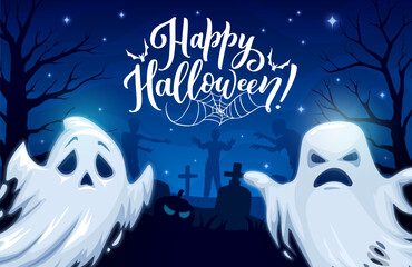 Canvas Print - Scary Halloween ghosts on cemetery. Halloween season party, October horror holiday celebration vector background with creepy ghosts or spirits, zombies characters and dry trees on night cemetery