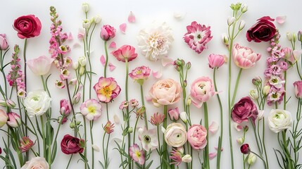 Wall Mural - Flat lay of fresh flowers on white background. 