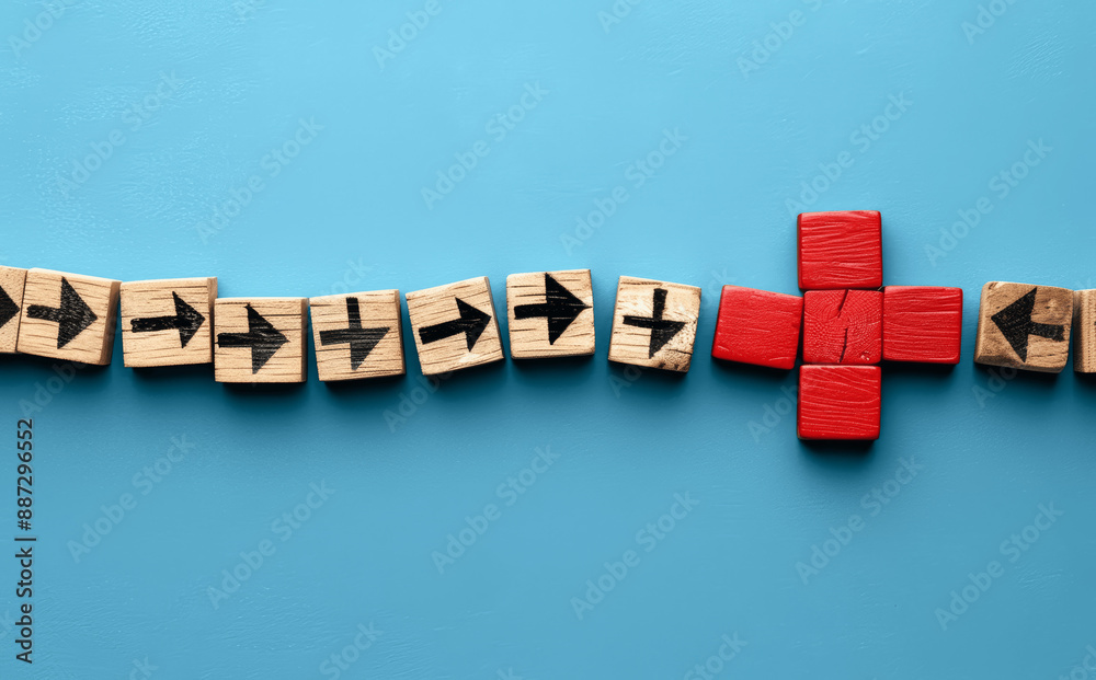 Red Cross at End of Curved Line with Arrows Wooden Blocks Strategy ...