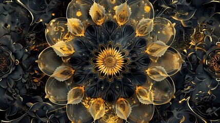 Poster - Gold and Black Flower Pattern Mandala creating a stunningly intricate floral design. AI generated