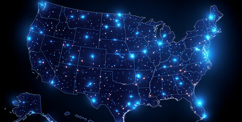 Digital Glowing Blue Map of the United States with Connecting Lines on Dark Background