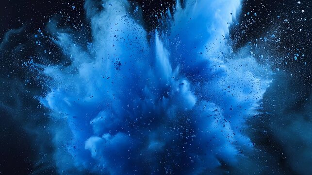 blue powder explosion isolated on black background. blue dust particles splashed. Holi Festival. Color burst series. Very bright contrast