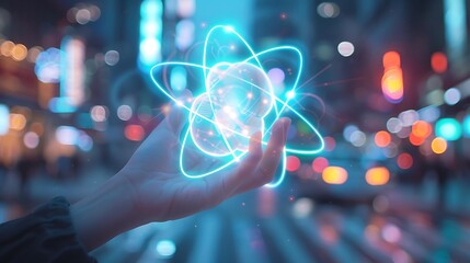 Poster - Hand Holding a Glowing atom symbol in the Middle of a City at Night. AI generated
