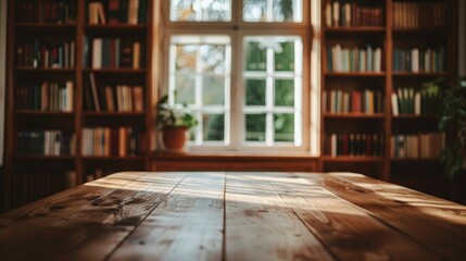 Poster - desk made of wood against out of focus bookshelf and window backdrop