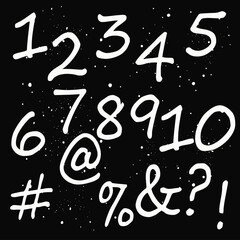 Fototapete - Hand written calligraphy alphabet black ink brush lettering, Vector hand drawn number collection, grunge font style with ink splashes. numbers and punctuation marks, grunge font style with ink splashe