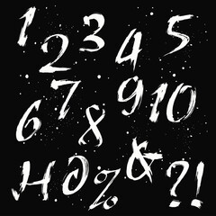 Fototapete - Hand written calligraphy alphabet black ink brush lettering, Vector hand drawn number collection, grunge font style with ink splashes. numbers and punctuation marks, grunge font style with ink splashe