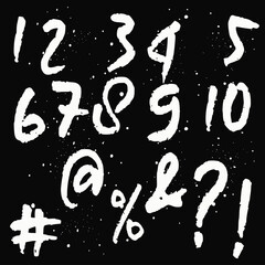 Fototapete - Hand written calligraphy alphabet black ink brush lettering, Vector hand drawn number collection, grunge font style with ink splashes. numbers and punctuation marks, grunge font style with ink splashe
