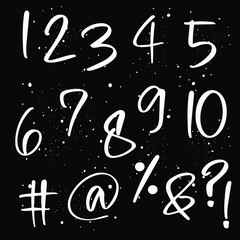 Fototapete - Hand written calligraphy alphabet black ink brush lettering, Vector hand drawn number collection, grunge font style with ink splashes. numbers and punctuation marks, grunge font style with ink splashe