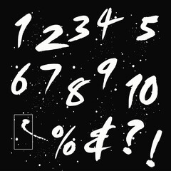 Fototapete - Hand written calligraphy alphabet black ink brush lettering, Vector hand drawn number collection, grunge font style with ink splashes. numbers and punctuation marks, grunge font style with ink splashe