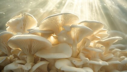 Wall Mural - A cluster of white oyster mushrooms growing in a dark, damp environment. The mushrooms are illuminated by a single ray of light shining down from above.