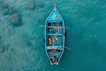 Wall Mural - Aerial view of blue fishing boat in the sea. Top view