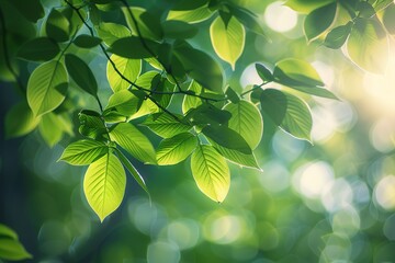 A leafy tree branch with leaves that are green and shining in the sunlight