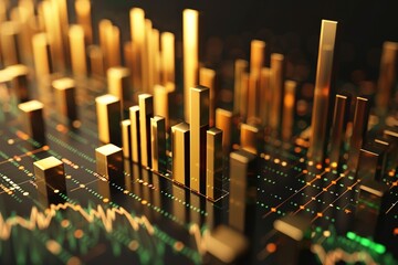 Poster - A city skyline is shown in gold and green with a lot of detail