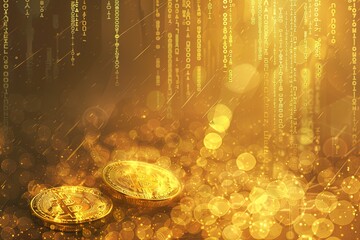 Two gold coins are on a gold background with a lot of blurs and circles