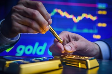 Poster - A man is holding a pen and touching a gold bar