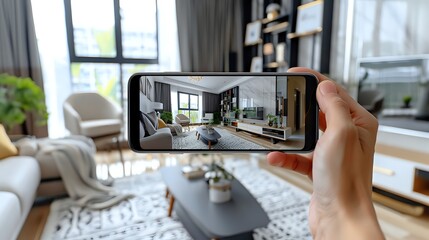 Aufkleber - A hand holding a phone showing a virtual tour of a modern living room.